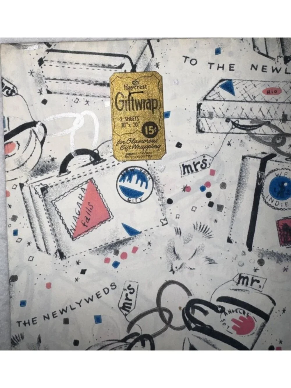 Vintage 1950s Kaycrest Wedding Newlywed  Gift Wrap Mr & Mrs New NOS 30”x20”